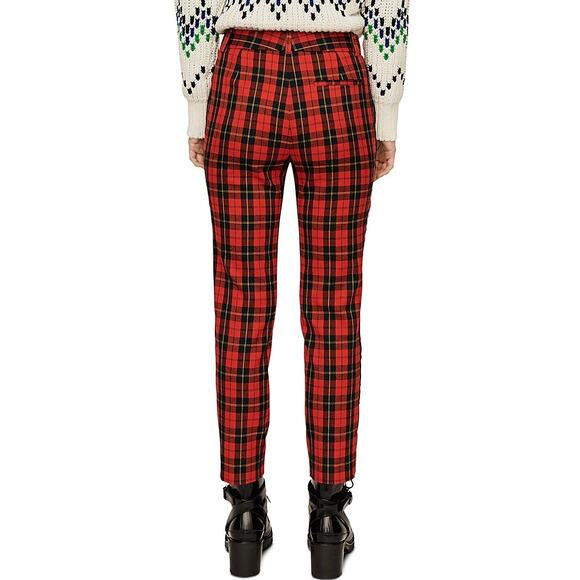 EUC Maje Red Pantya Velvet Piped Plaid Pants Tartan Cropped Check Slim Trouser - Picture 9 of 16